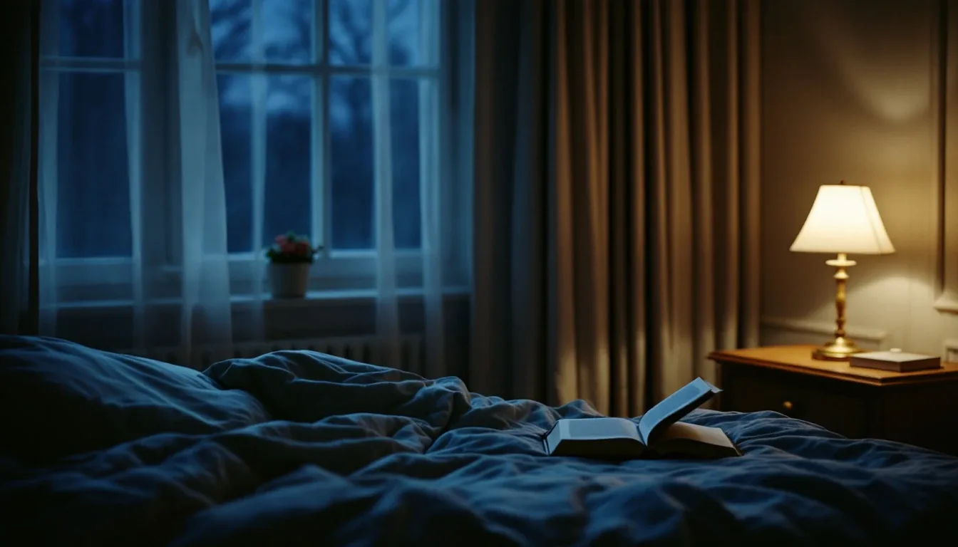 A quiet bedroom at night: an open book left on the bed, a small lamp still glowing