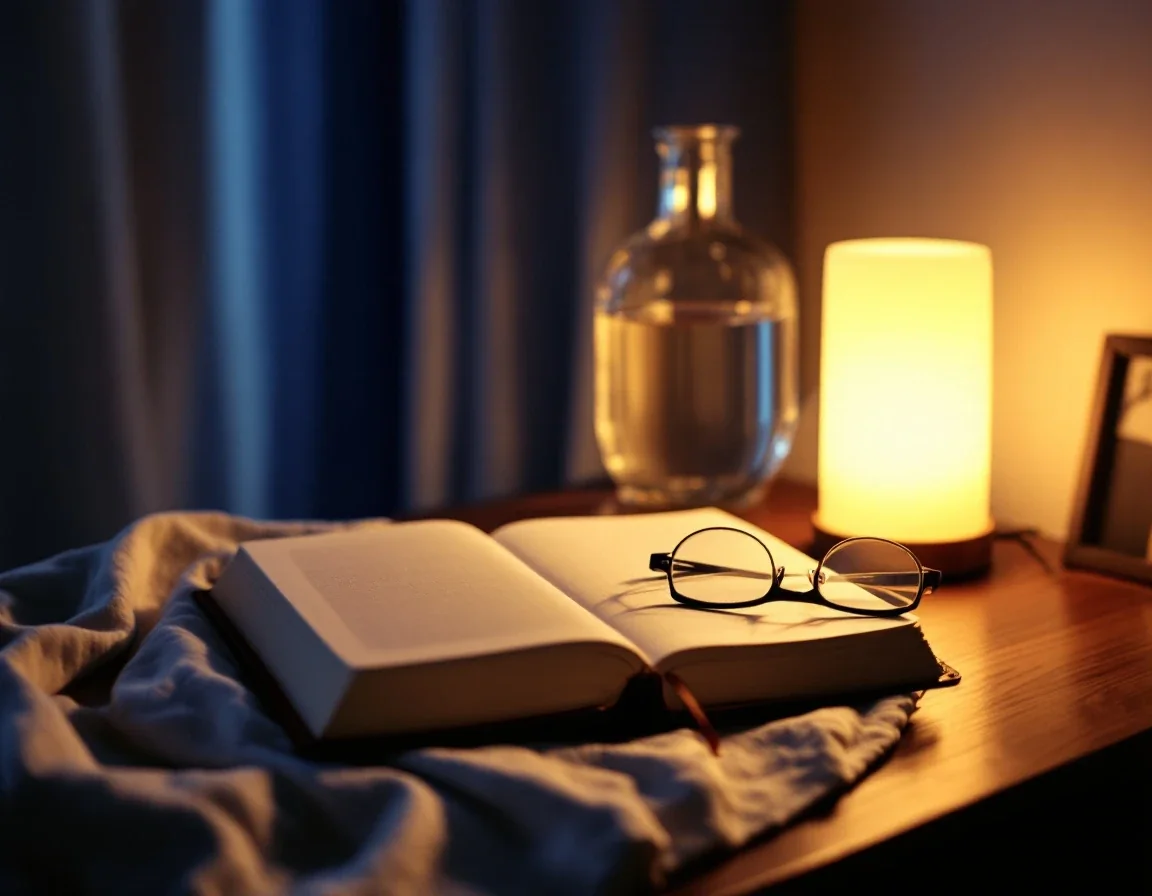 A bedside table at night: an open devotional book with reading glasses, a glass of water and the lamp still glowing