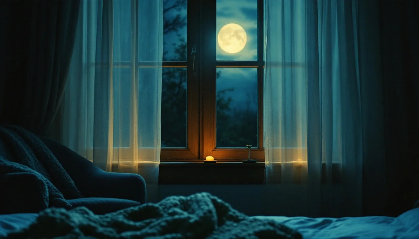A bedroom window at night with a small clock glowing beside it
